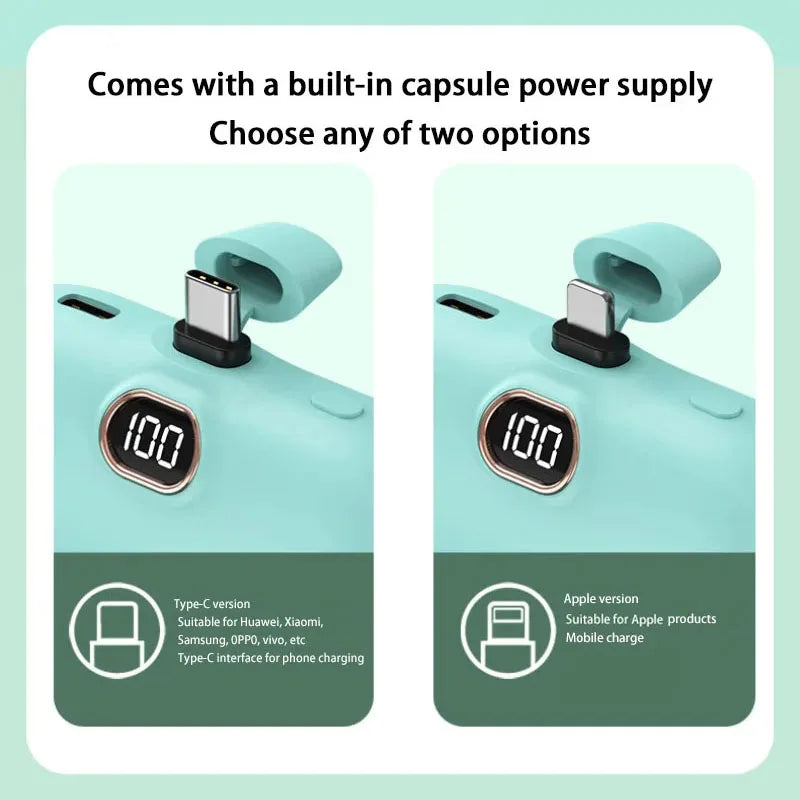 Mini Capsule Portable Power Bank - Built-In Fast Charging Cable, 10000mAh, For iPhone & USB-C Devices