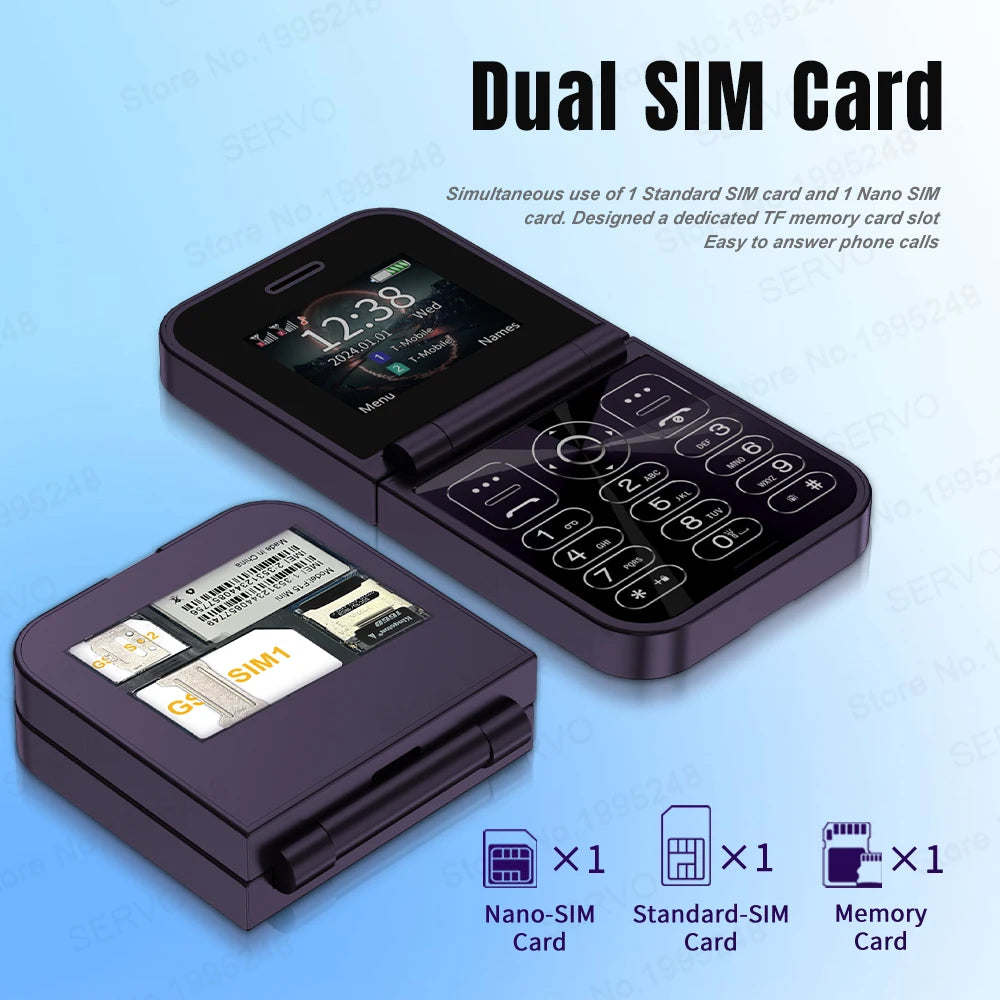 SERVO F15 Mini Flip Mobile Phone - 2.0" Display, Dual SIM, Speed Dial, Magic Voice, Senior-Friendly