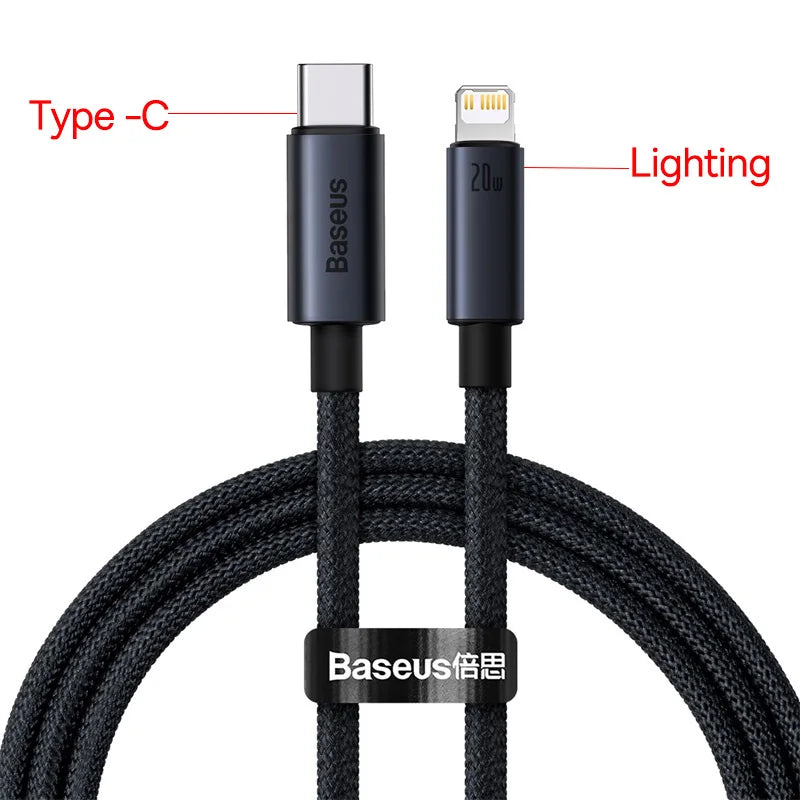 Baseus Fast Charging USB Cable for iPhone 13/12/11 Pro Max - USB-C to Lightning, Data Sync, Braided