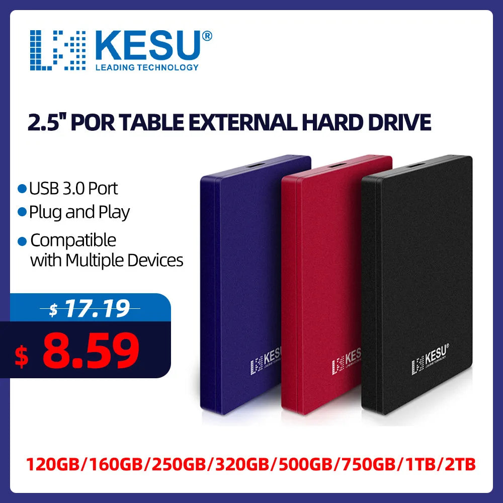 KESU 2.5" Portable External Hard Drive USB 3.0 - 500GB to 2TB, PS4/PC/Laptop Compatible