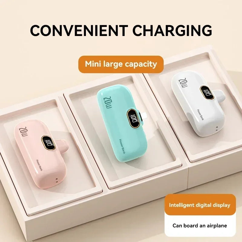 Mini Capsule Portable Power Bank - Built-In Fast Charging Cable, 10000mAh, For iPhone & USB-C Devices