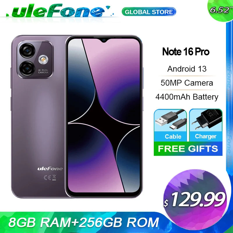Ulefone Note 16 Pro 4G Smartphone - 16GB RAM (8+8 Extended), 256GB ROM, Android 13, 50MP Camera