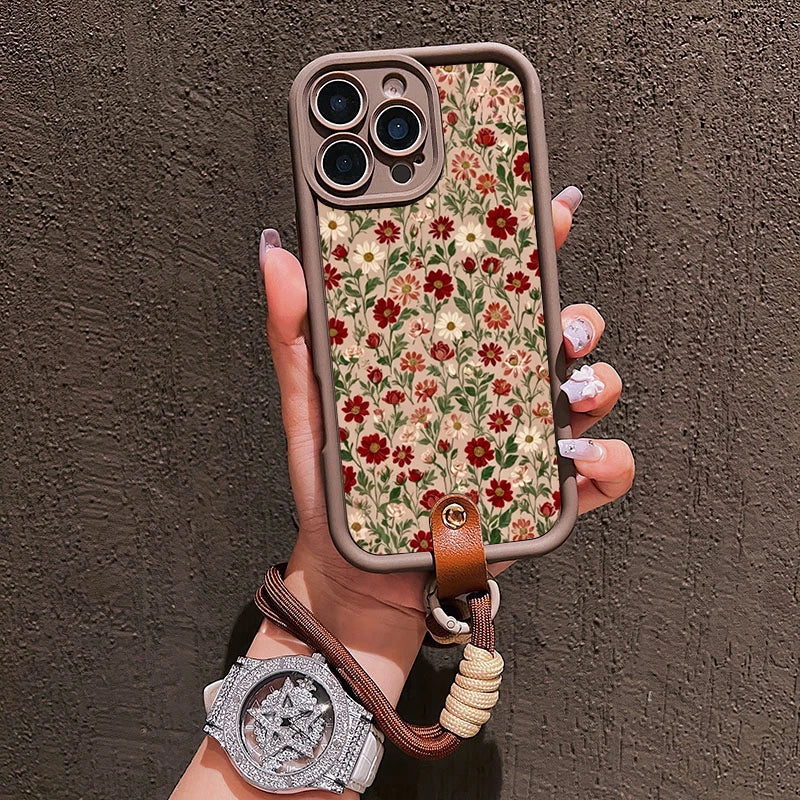 Cute Flower Lanyard Silicone Phone Case for iPhone 17/16/15/14/13/12/11 - Crossbody Strap, Soft Cover