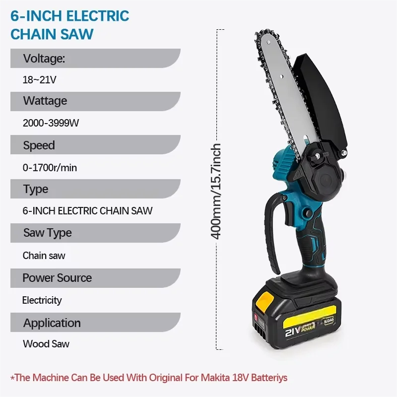Mini Li-Ion Electric Chainsaw 1700RPM 6-Inch - One-Hand Portable, 18V Makita Compatible