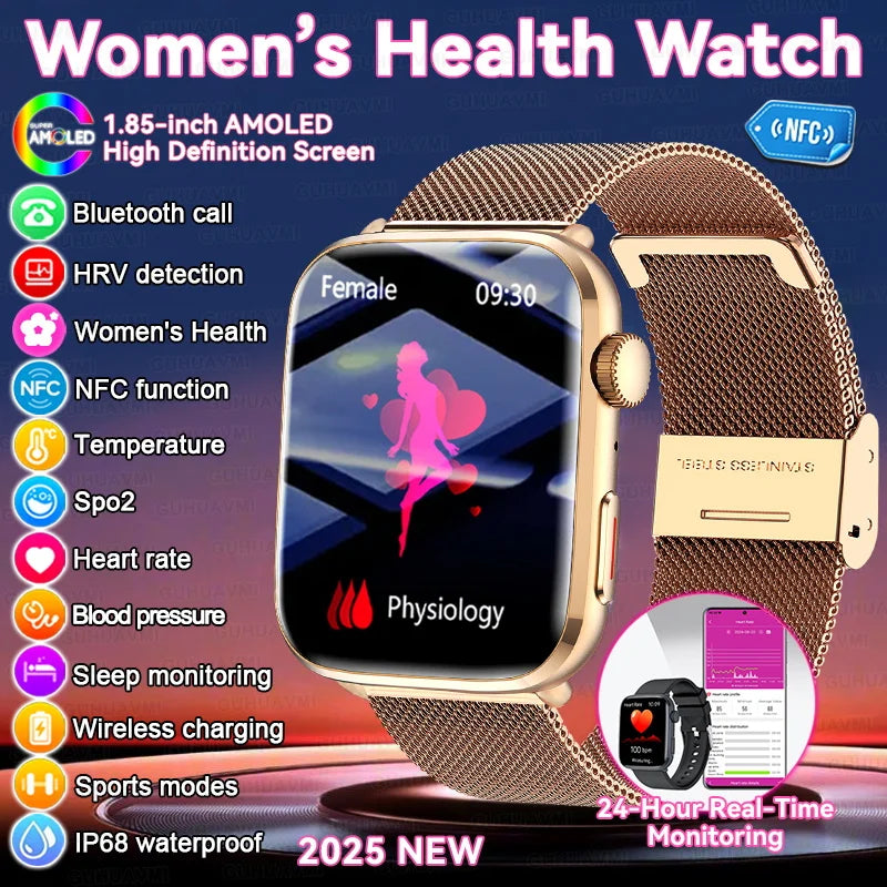 AI Health Smartwatch - 1.85" AMOLED NFC Sports Watch with HRV+PPG